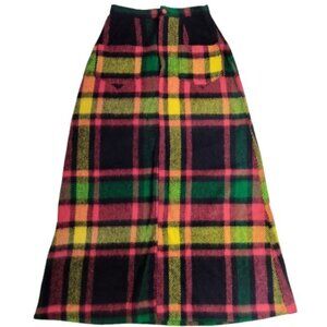 Vintage 60s 70s Plaid Tartan Wool Maxi Skirt Kilt With Pockets Sz S Boho Hippie
